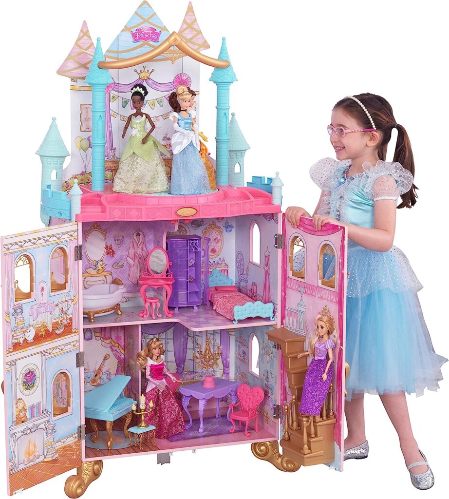 KidKraft Disney Princess Dance  Dream Wooden Dollhouse, Over 4-Feet Tall with Sounds, Spinning Dance Floor and 20 Play Pieces, Gift for Ages 3+ , Pink