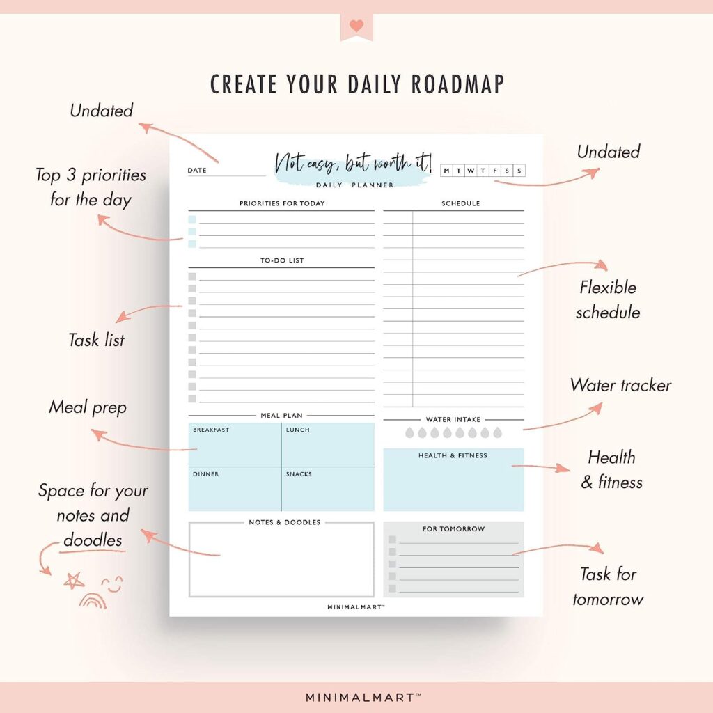 Minimalmart Daily Planner with 50 Undated 8.5 x 11 Tear-Off Sheets, Motivational Daily Vibrant Calendar, Organizer, Scheduler, Productivity Tracker, Meal Prep, Organize Tasks, Lists