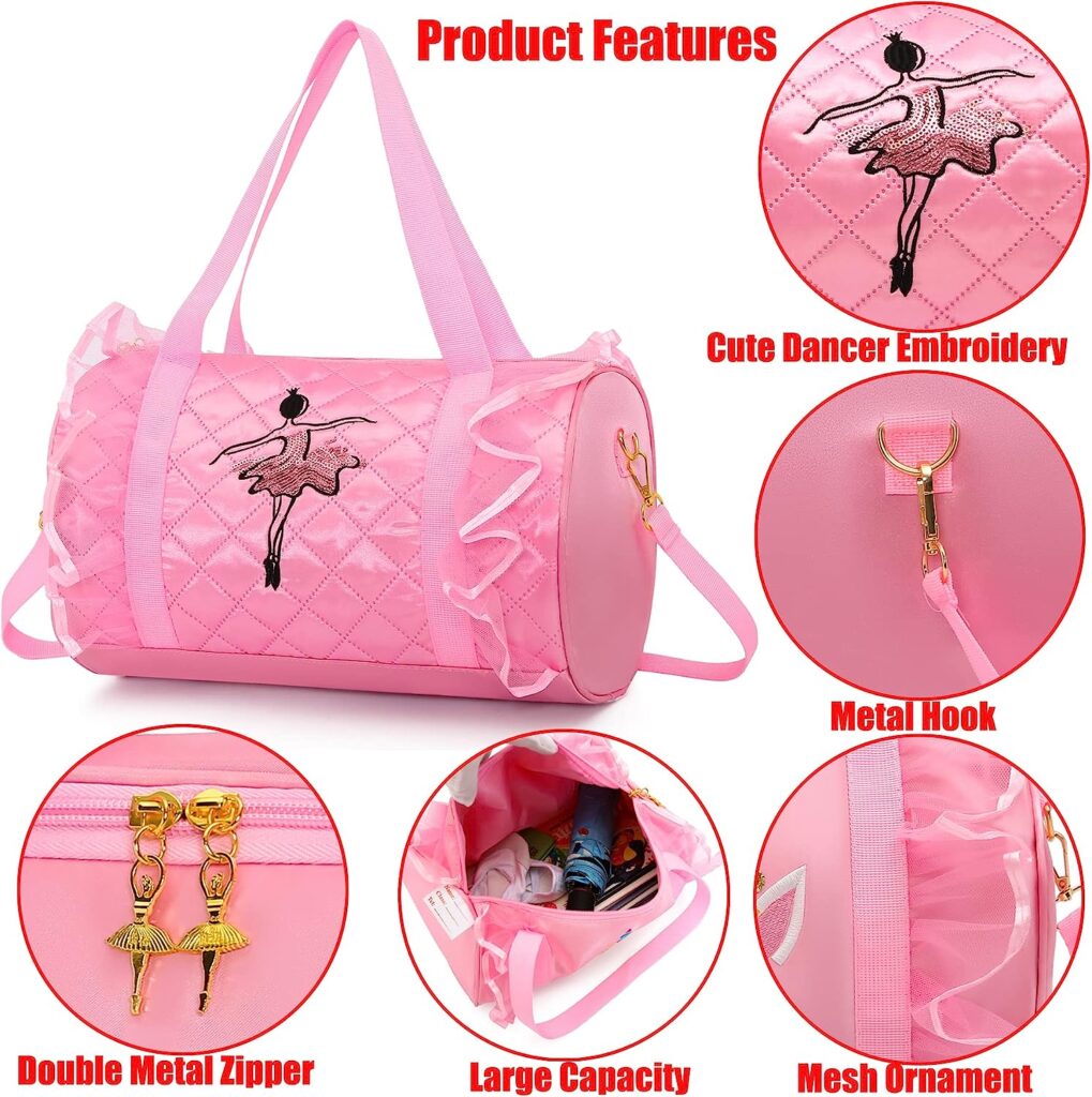 Dorlubel Cute Ballet Dance Bag Gym Travel Duffle Bag for Girls Tutu Dress Bag with Key Chain for Girls (Pink3 of Long Mesh)