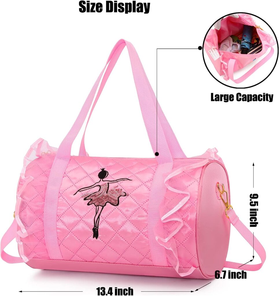 Dorlubel Cute Ballet Dance Bag Gym Travel Duffle Bag for Girls Tutu Dress Bag with Key Chain for Girls (Pink3 of Long Mesh)