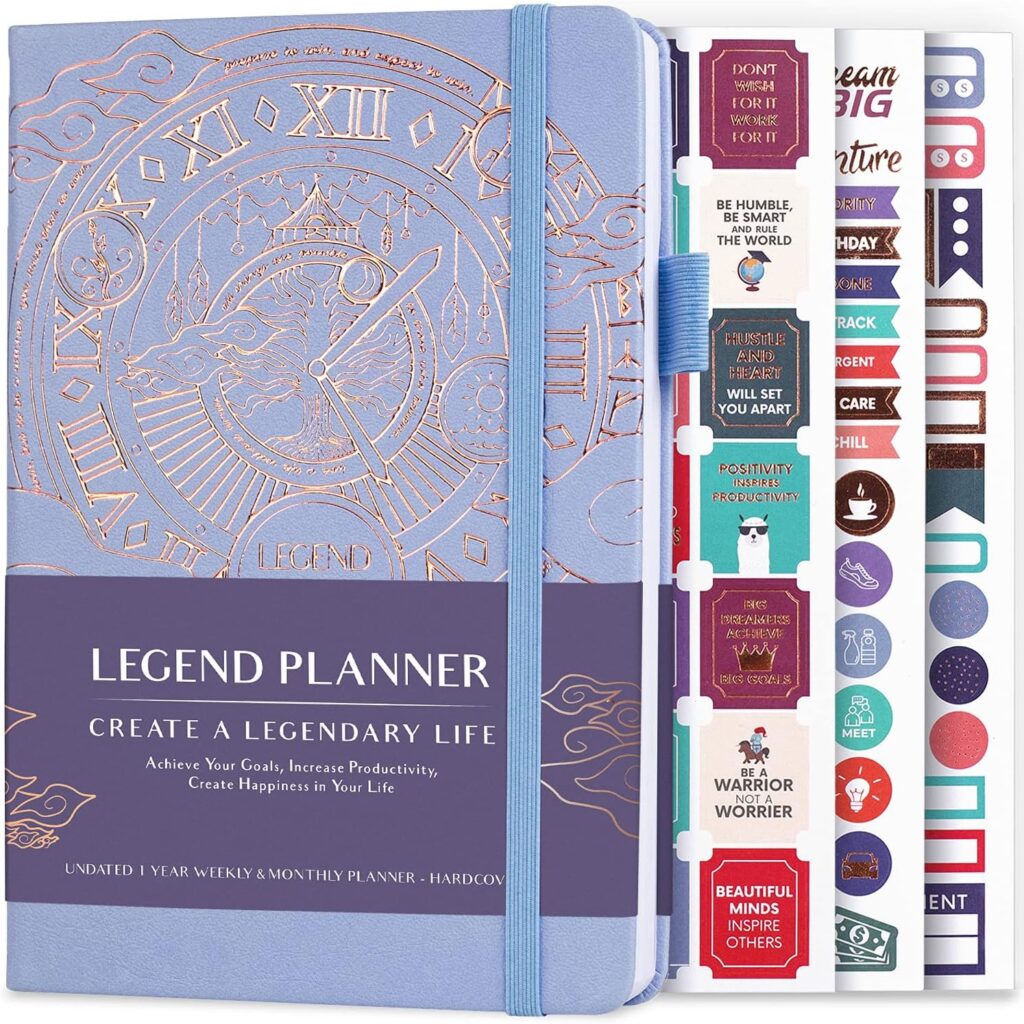 Legend Planner â Deluxe Weekly  Monthly Life Planner to Hit Your Goals  Live Happier. Organizer Notebook  Productivity Journal. A5 Hardcover, Undated â Start Any Time + Stickers â Periwinkle Gold